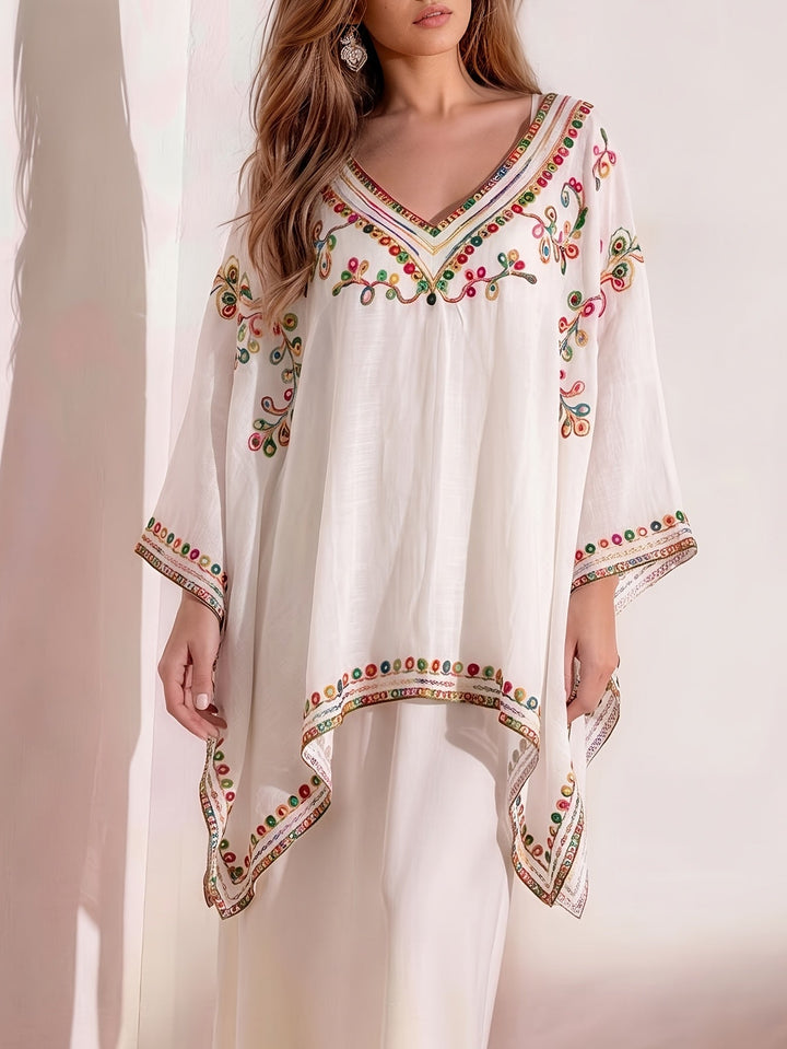 Effortless Poncho Shirt for Women with V Neck Embroidered Trim Draped Kaftan Style