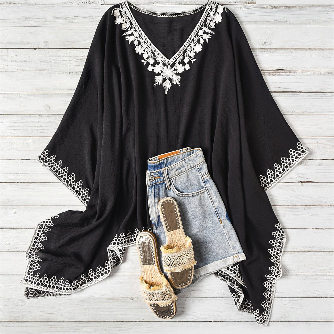 Effortless Poncho Shirt for Women with V Neck Embroidered Trim Draped Batwing Style