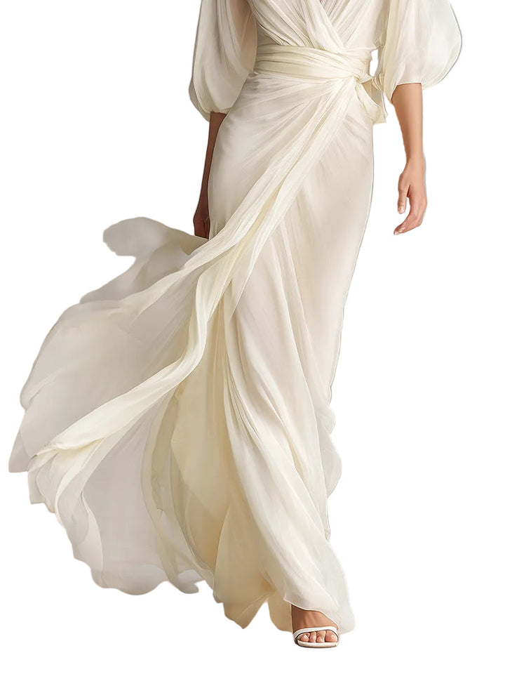 Abito in chiffon velato avorio da donna con maniche a sbuffo e dettaglio incrociato, abito dallo stile romantico e lussuoso senza tempo