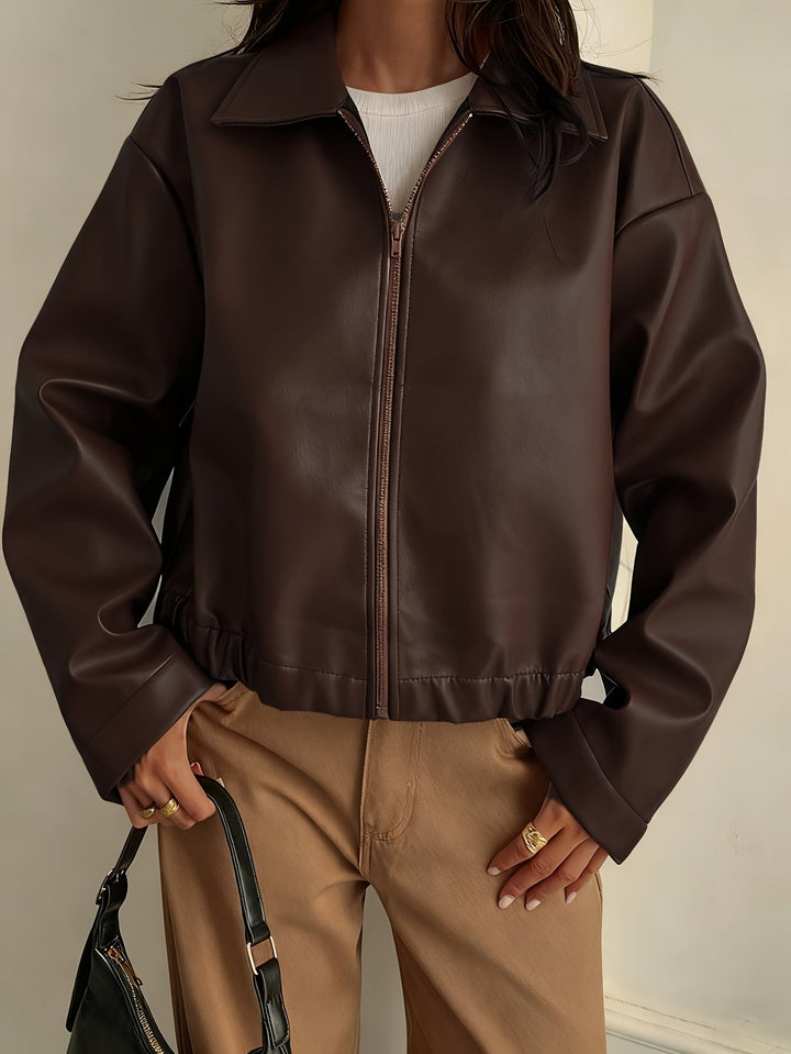 Elegant Brown Leather Jacket for Women with Collar Zip Front Cropped Style