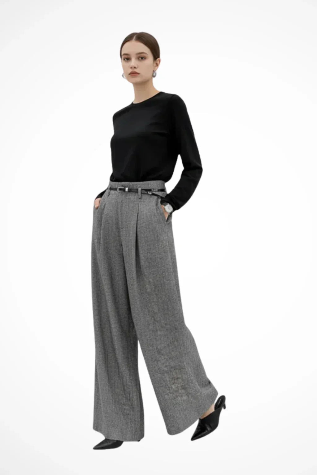 Grey Wide Leg Trousers for Women – High Waisted Pleated Dress Pants with Belt and Side Pockets, Office Work Pants
