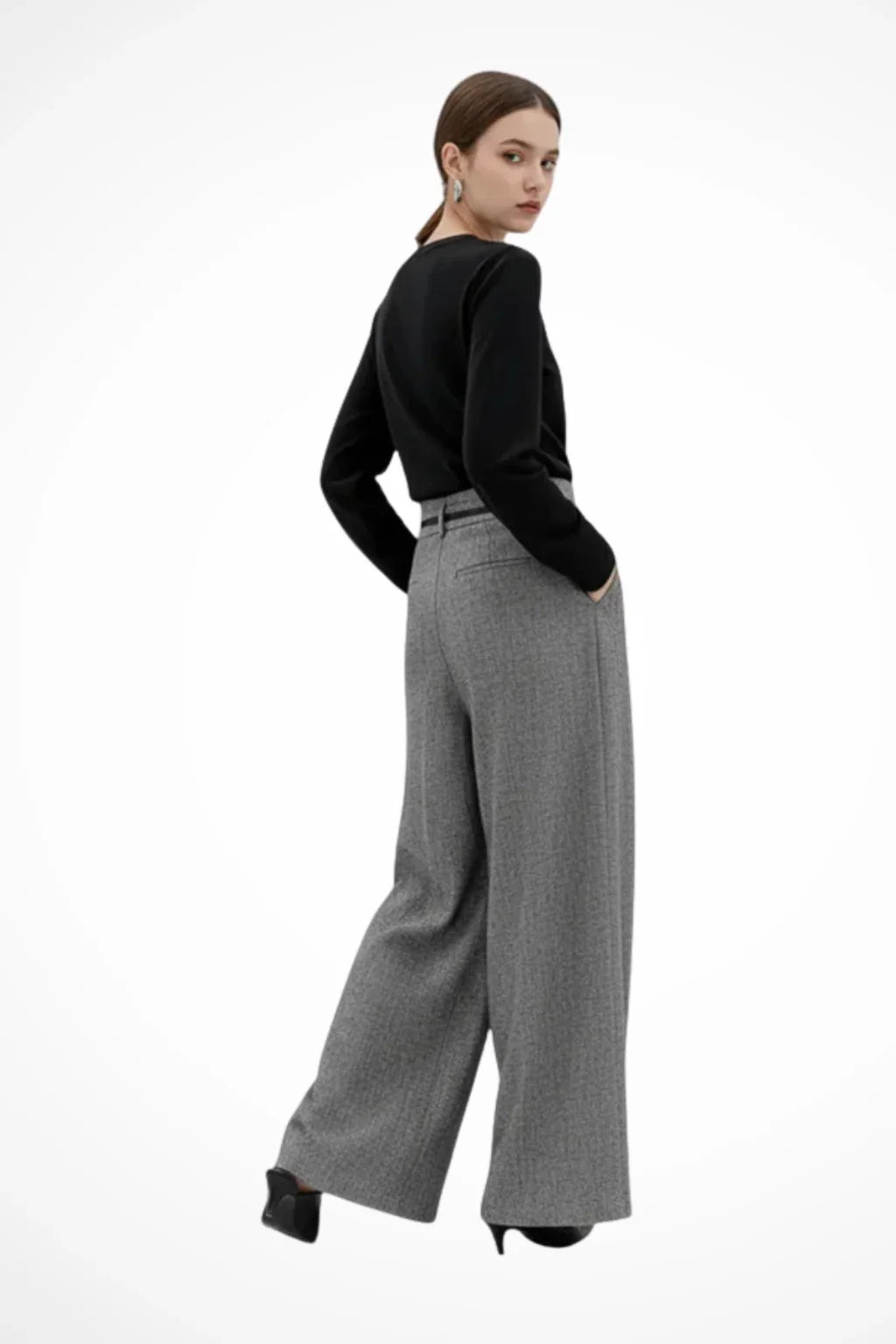 Grey Wide Leg Trousers for Women – High Waisted Pleated Dress Pants with Belt and Side Pockets, Office Work Pants