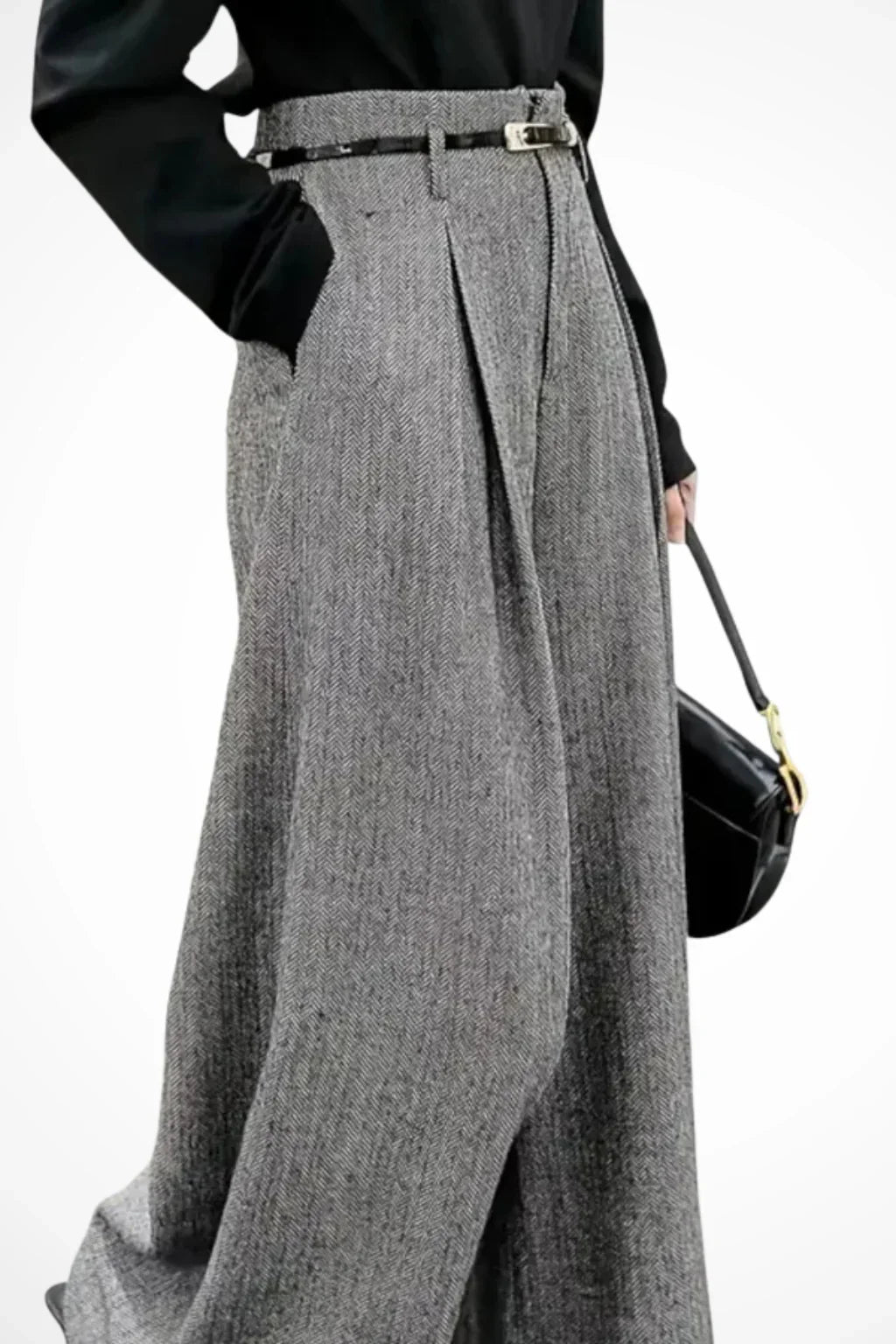 Grey Wide Leg Trousers for Women – High Waisted Pleated Dress Pants with Belt and Side Pockets, Office Work Pants