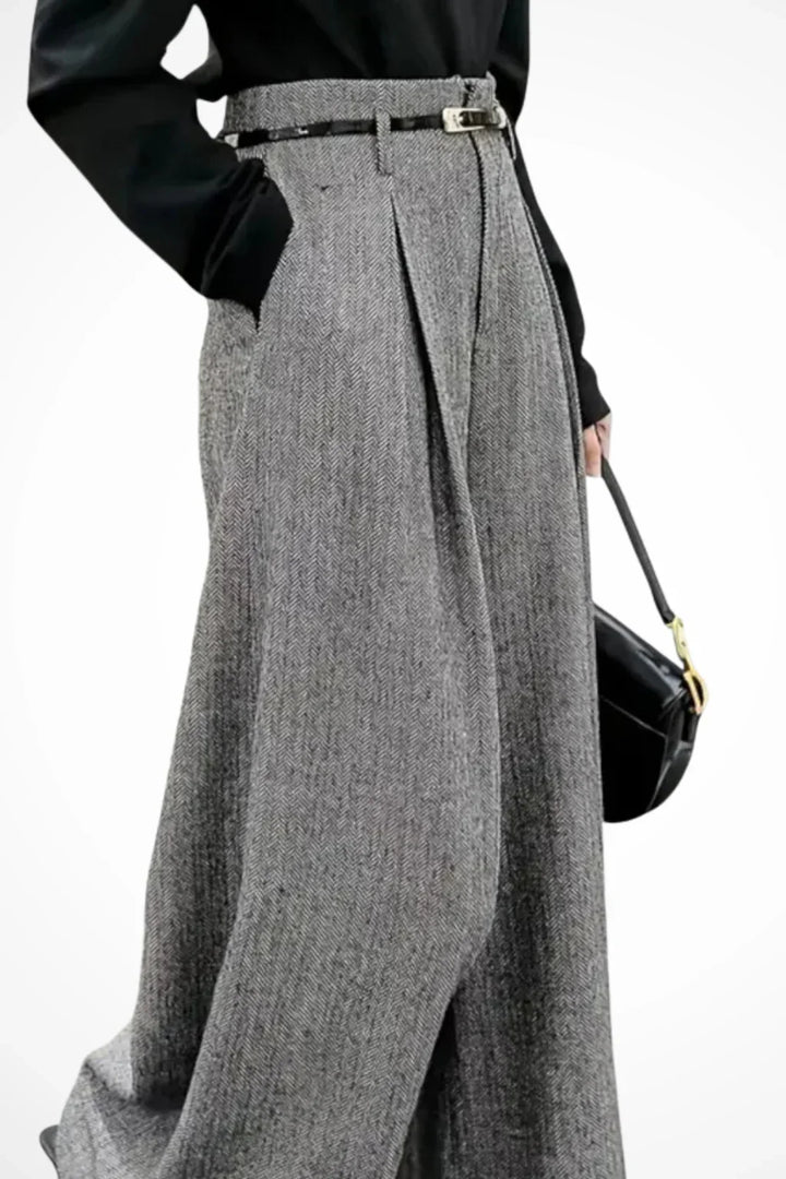 Grey Wide Leg Trousers for Women – High Waisted Pleated Dress Pants with Belt and Side Pockets, Office Work Pants