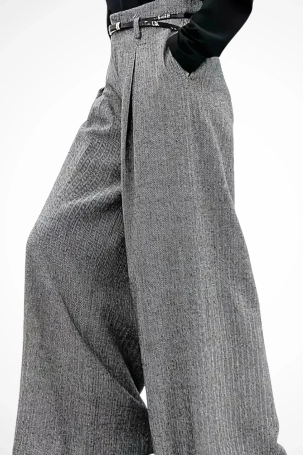 Grey Wide Leg Trousers for Women – High Waisted Pleated Dress Pants with Belt and Side Pockets, Office Work Pants