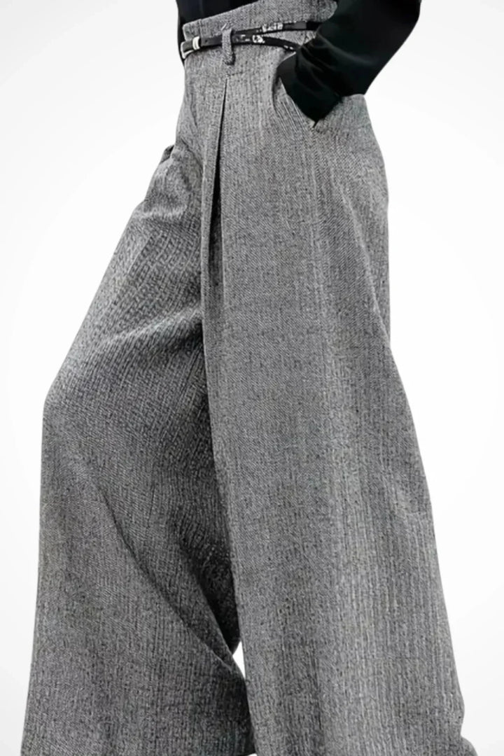 Grey Wide Leg Trousers for Women – High Waisted Pleated Dress Pants with Belt and Side Pockets, Office Work Pants