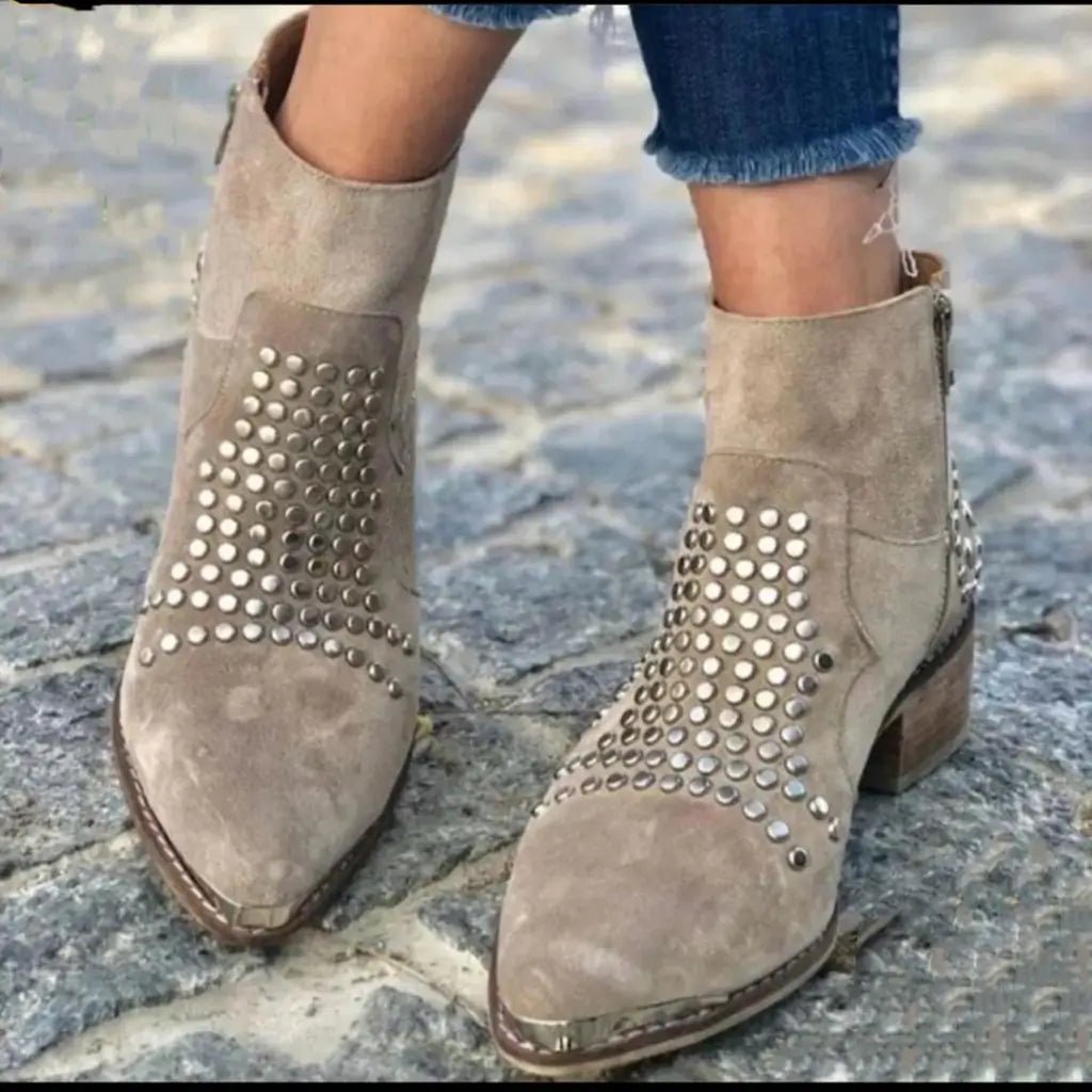 Stylish Brown Boots for Women with Studded Detail Pointed Toe Block Heel Style