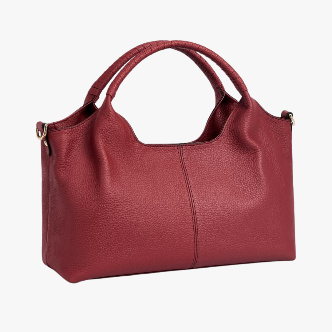 Aryna Bag in red pebbled leather with rolled top handles