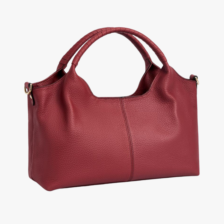 Aryna Bag in red pebbled leather with rolled top handles