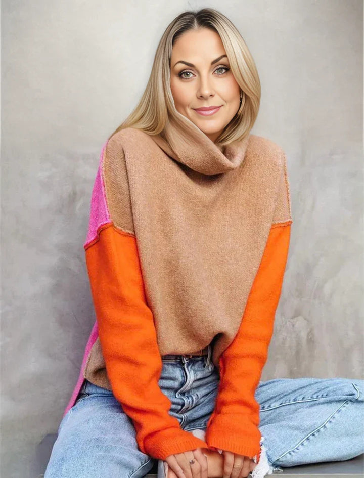 Cowl Neck Sweater for Women – Color Block Long Sleeve Knit Pullover, Pink and Orange Fall Sweater