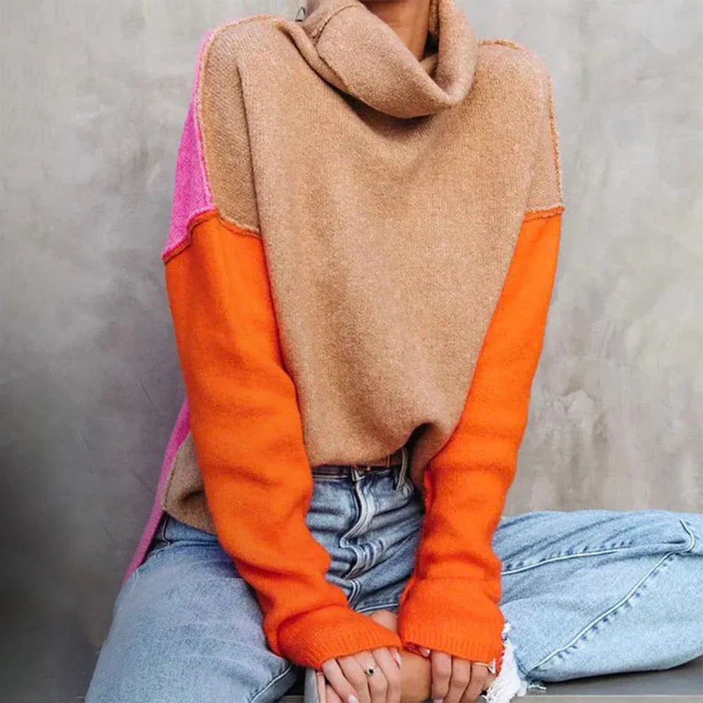 Cowl Neck Sweater for Women – Color Block Long Sleeve Knit Pullover, Pink and Orange Fall Sweater