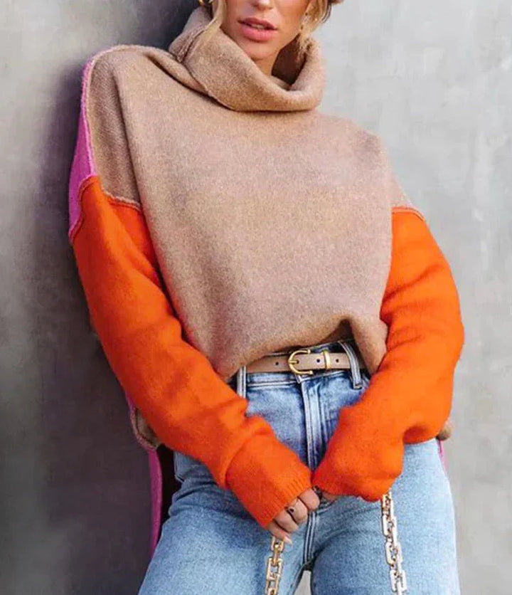 Cowl Neck Sweater for Women – Color Block Long Sleeve Knit Pullover, Pink and Orange Fall Sweater