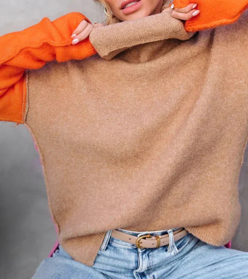 Cowl Neck Sweater for Women – Color Block Long Sleeve Knit Pullover, Pink and Orange Fall Sweater