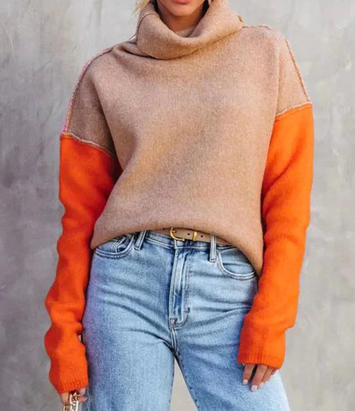 Cowl Neck Sweater for Women – Color Block Long Sleeve Knit Pullover, Pink and Orange Fall Sweater