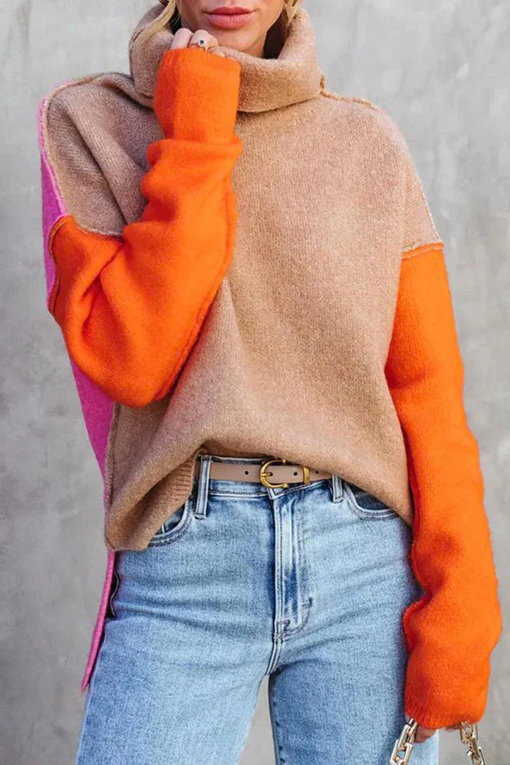 Cowl Neck Sweater for Women – Color Block Long Sleeve Knit Pullover, Pink and Orange Fall Sweater