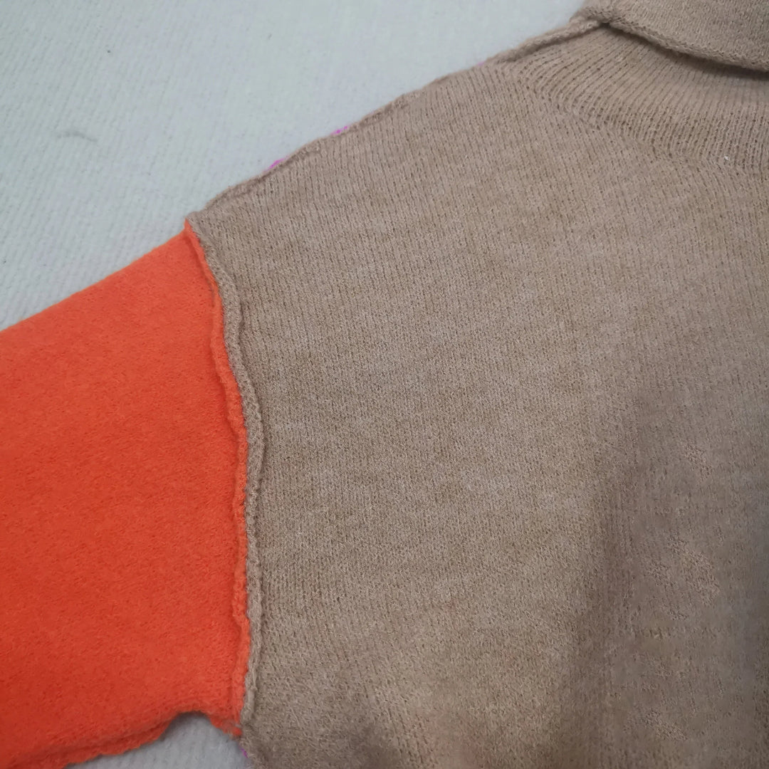 Cowl Neck Sweater for Women – Color Block Long Sleeve Knit Pullover, Pink and Orange Fall Sweater