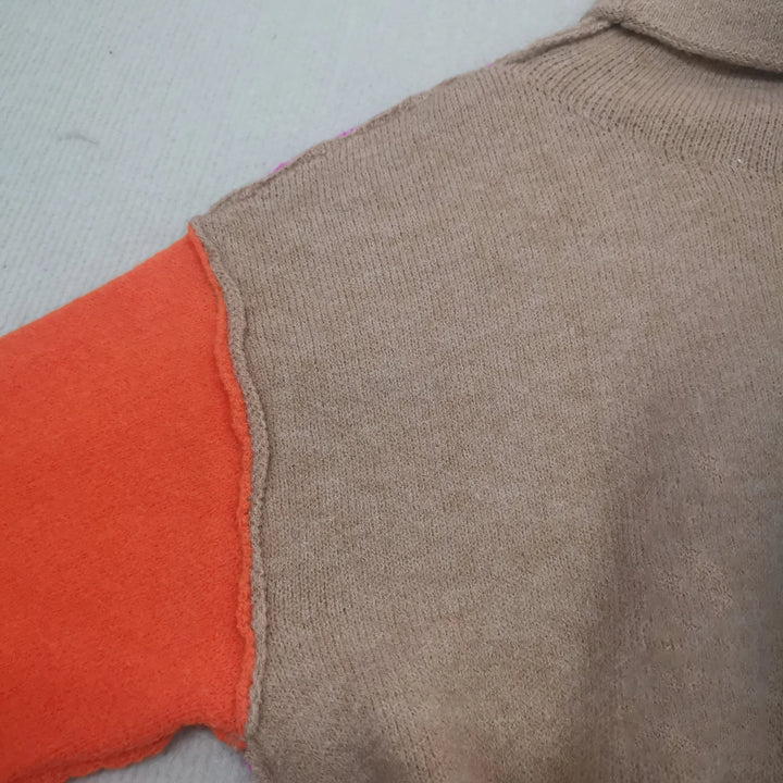 Cowl Neck Sweater for Women – Color Block Long Sleeve Knit Pullover, Pink and Orange Fall Sweater