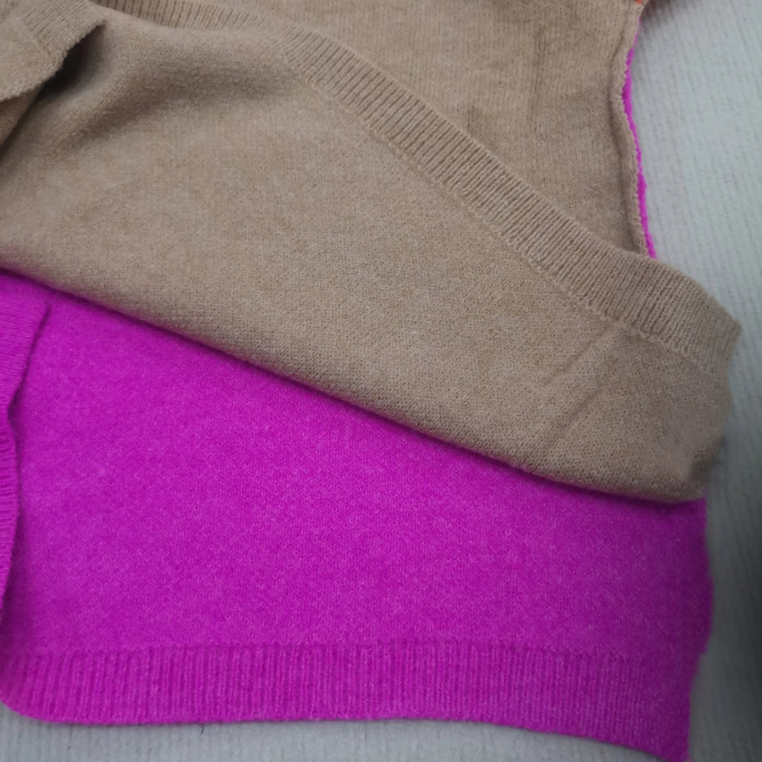 Cowl Neck Sweater for Women – Color Block Long Sleeve Knit Pullover, Pink and Orange Fall Sweater