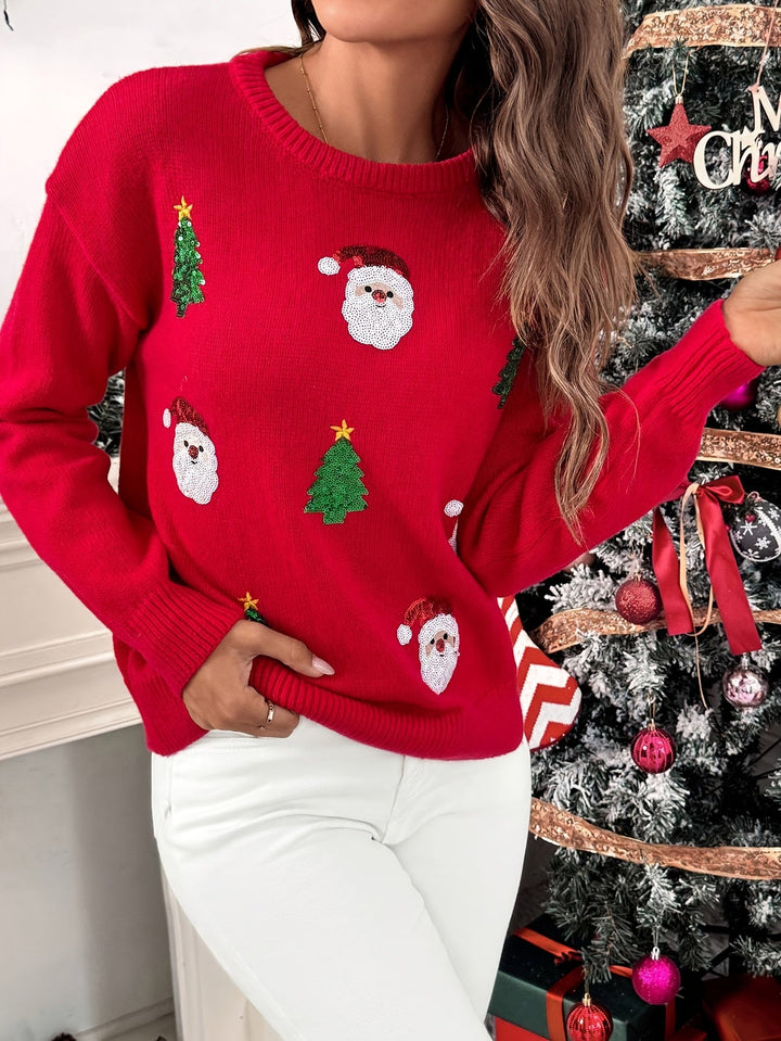 Comfortable Red Sequin Christmas Sweater for Women with Crew Neck Long Sleeve Sequin Santa Oversized Knit Style