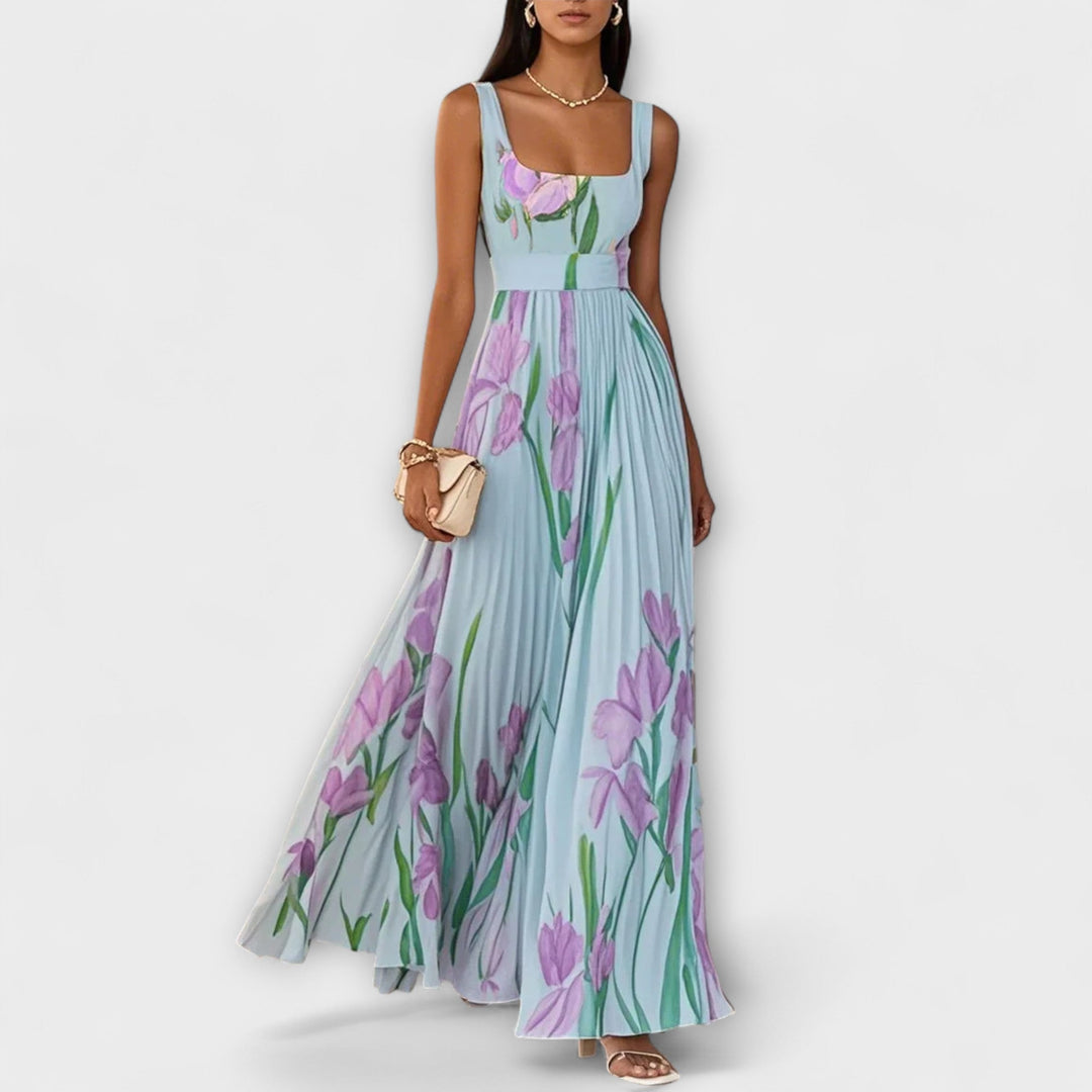 Vestito lungo in chiffon floreale drappeggiato
