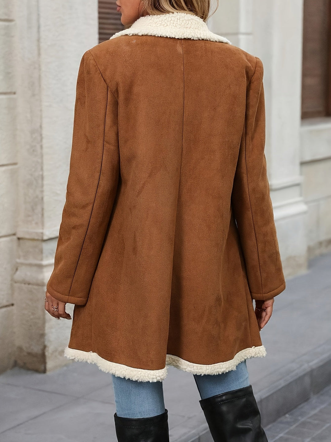 Elegant Light Brown Shearling Coat for Women with Notch Lapel Double Breasted Faux Fur Trim