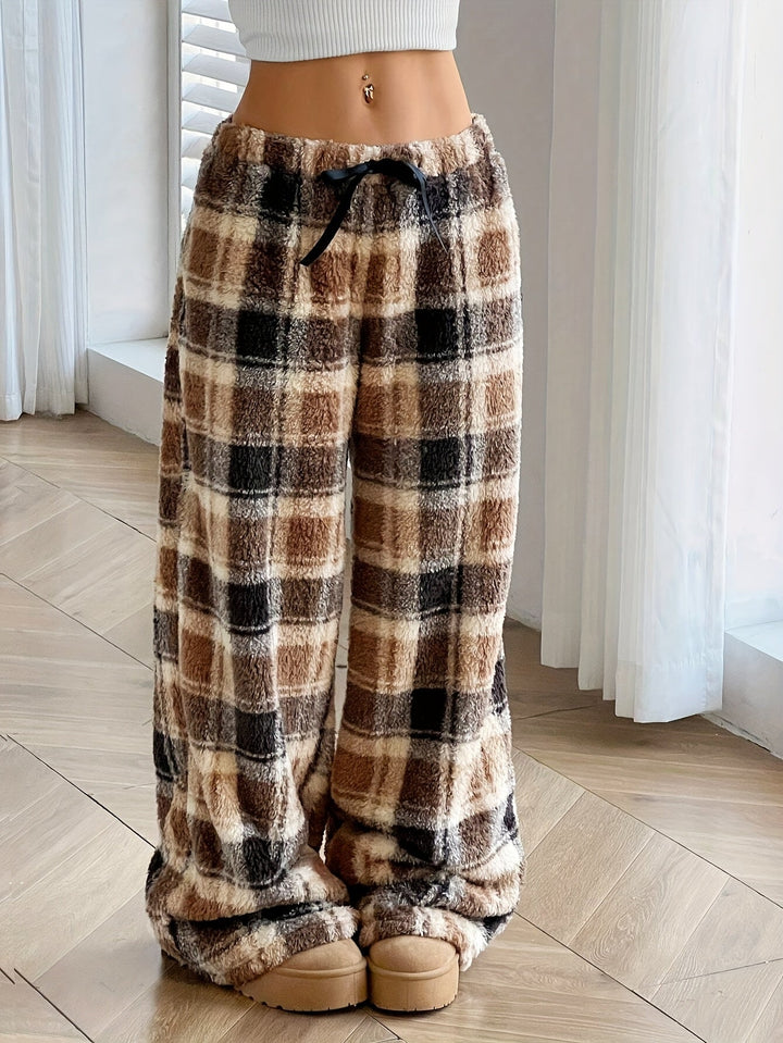 Warm Plaid Fleece Sweatpants for Women with Drawstring Waist Wide Leg Plush Lounge Style
