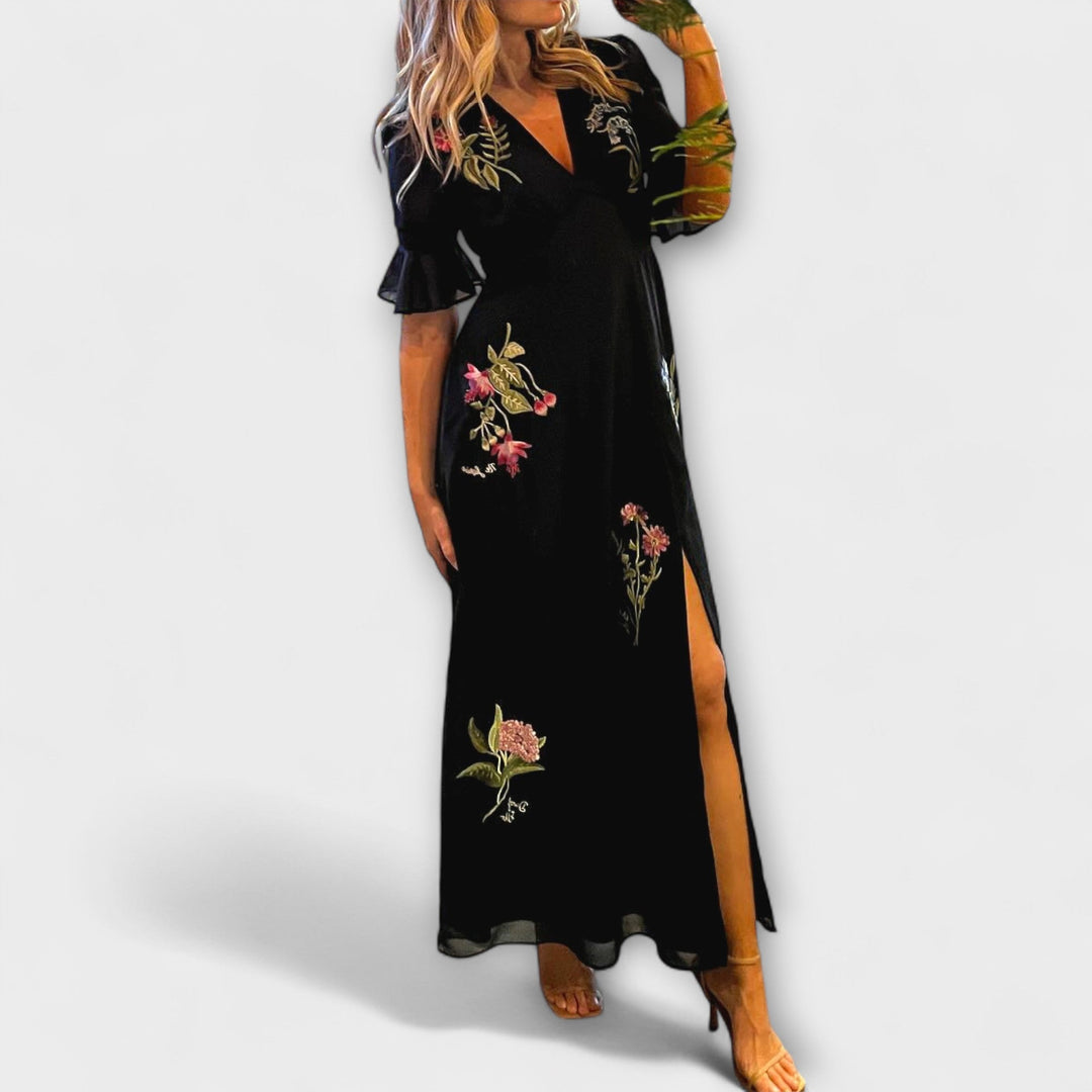 Béatrice - Robe élégante bleu marine avec broderie florale