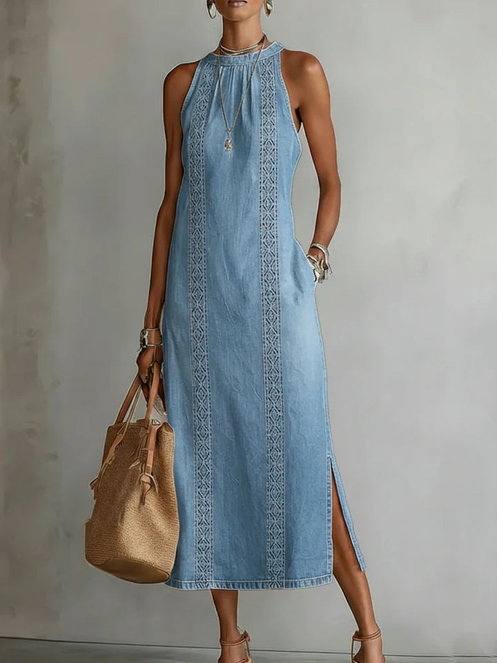 Abito in denim con dettagli in pizzo | Abito retrò abbottonato sul davanti