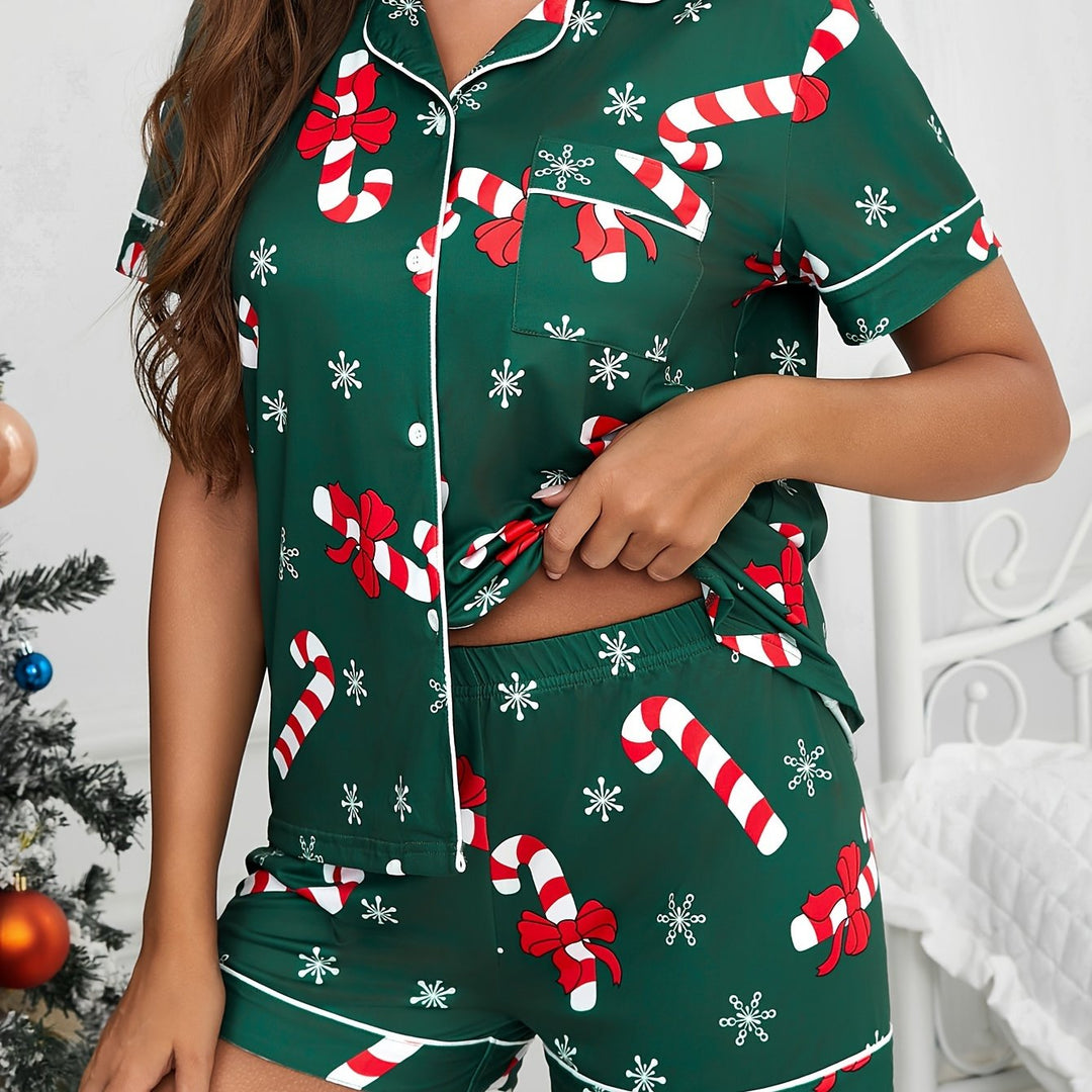 Cozy Candy Cane Print Christmas Holiday Pajamas for Women with Notch Collar Short Sleeve Two Piece Style