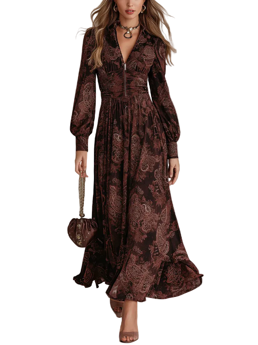 Robe longue Amelia à motif cachemire et fermeture éclair (Robe longue Amelia cachemire zippée)