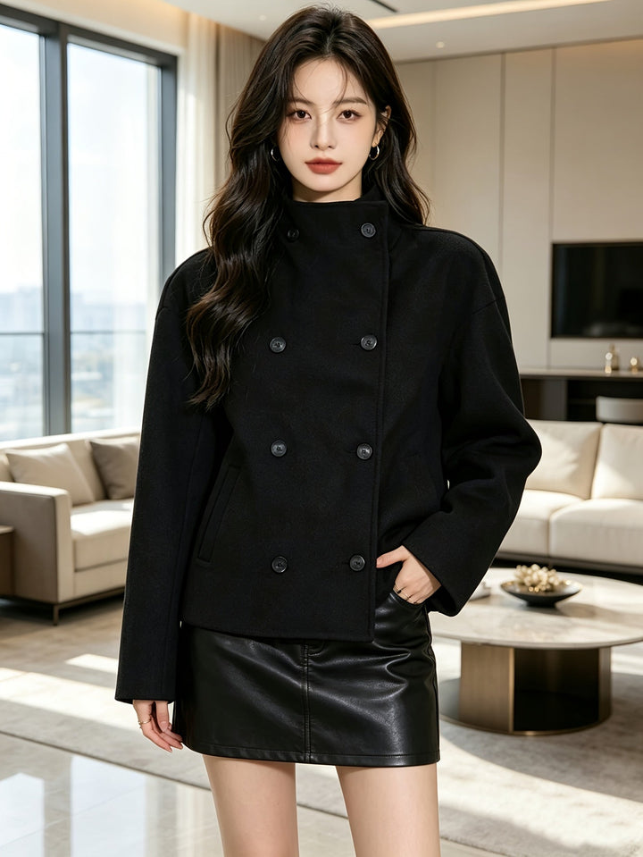 Elegant Wool Pea Coat for Women with Notch Lapel Long Sleeve Double Breasted Cropped Style