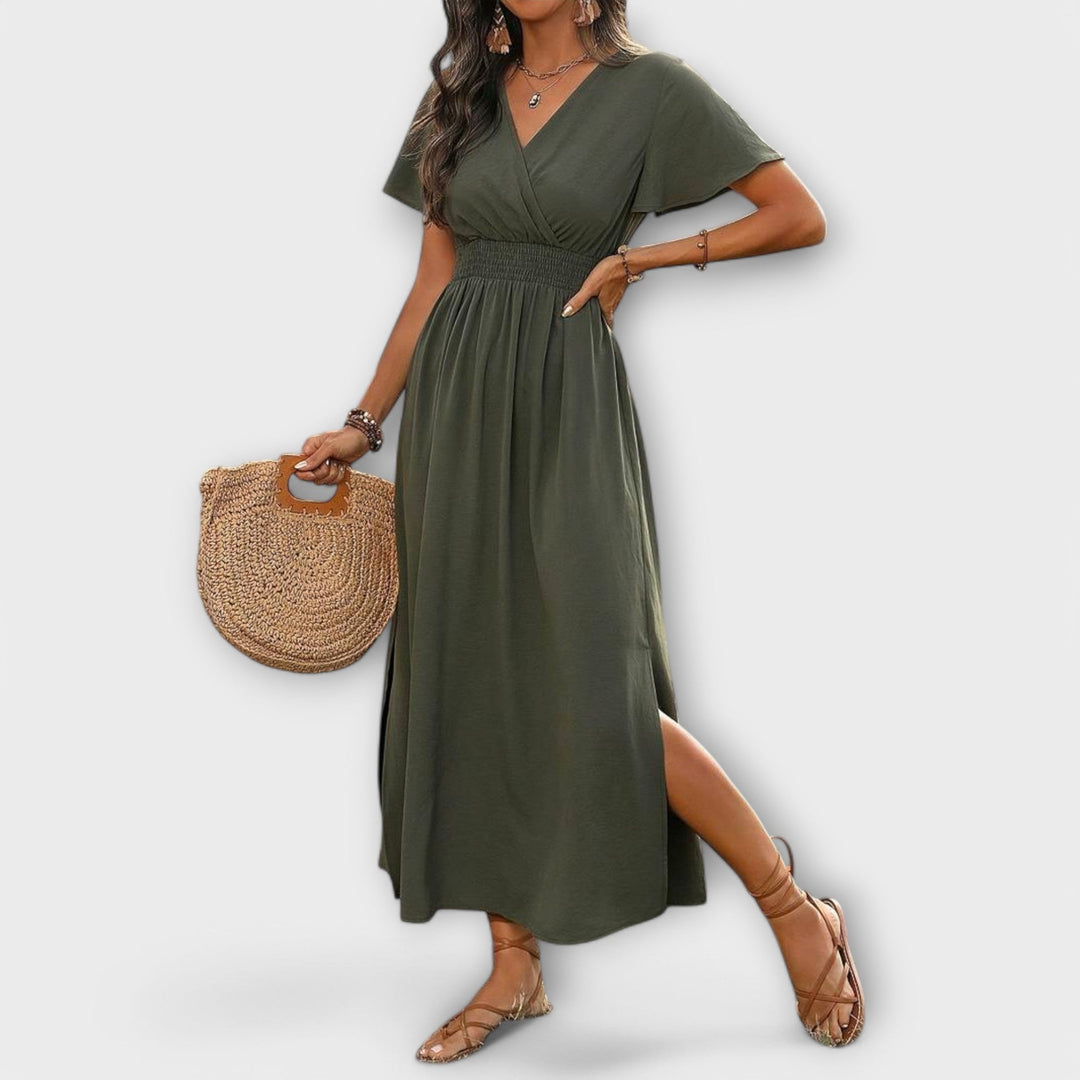 Heather - Robe bohème élégante avec col en V et manches longues