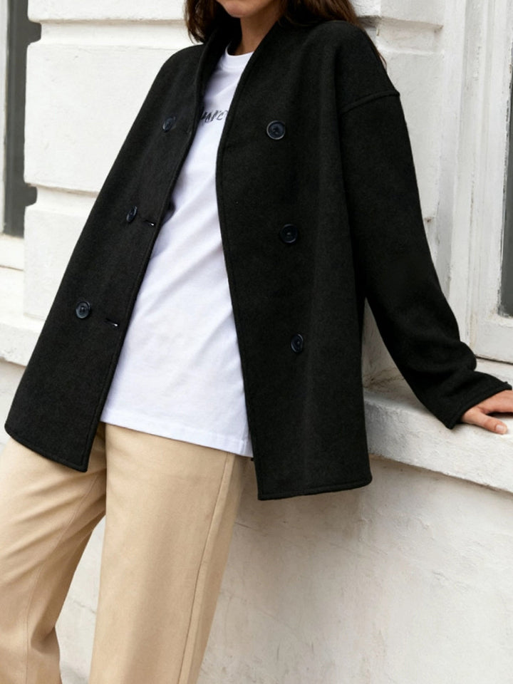 Elegant Wool High Pea Coat for Women with Stand Collar Long Sleeve Double Breasted Cropped Style