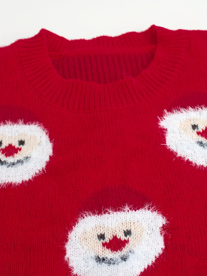 Comfortable Red Santa Print Christmas Sweater for Women with Crew Neck Long Sleeve Oversized Knit Style
