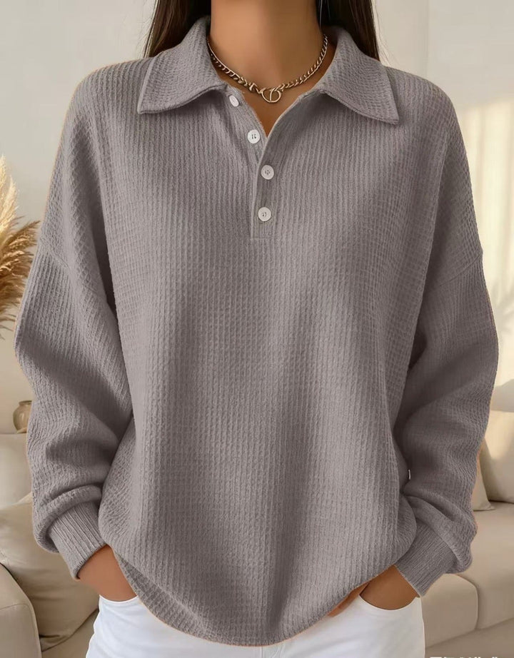 Comfortable Waffle Knit Sweatshirt for Women with Collar Long Sleeve Button Placket Oversized Style