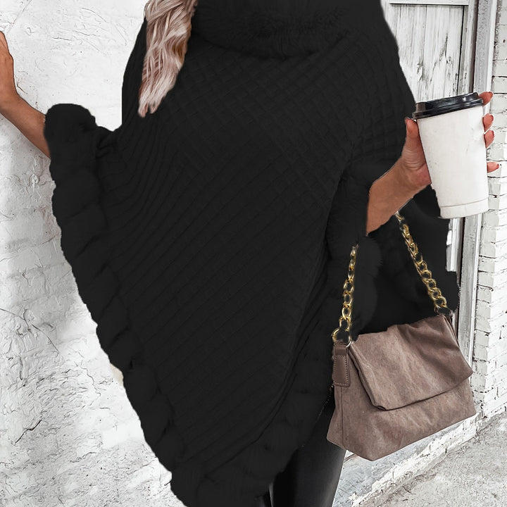 Comfortable Faux Fur Trim Poncho for Women with Turtleneck Batwing Sleeve Asymmetric Oversized Knit Style