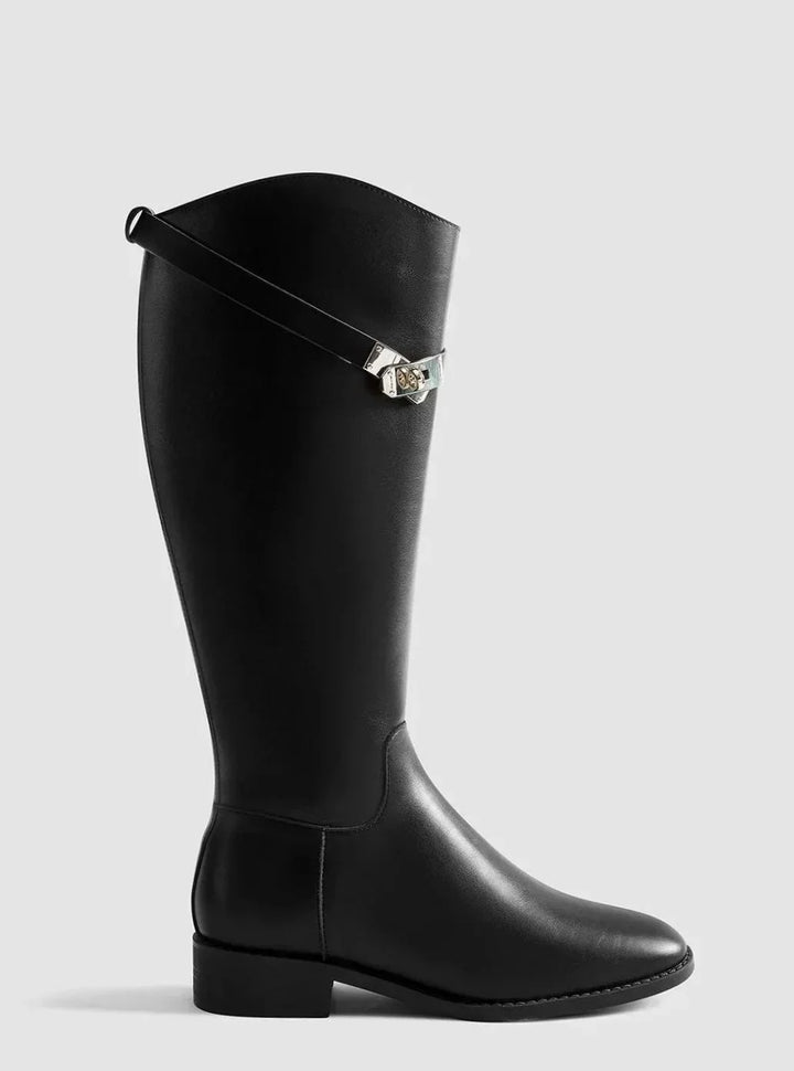 Black Knee High Boots for Women – Flat Pointed Toe Tall Boots with Buckle Strap and Side Zip, Fall Riding Boots