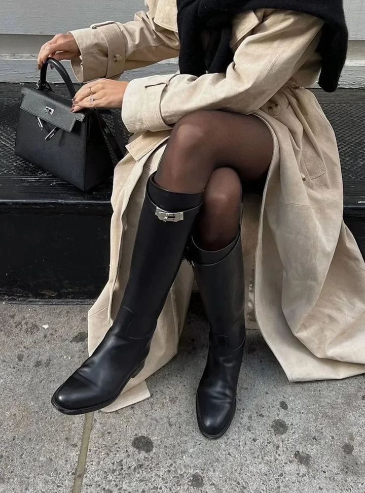Black Knee High Boots for Women – Flat Pointed Toe Tall Boots with Buckle Strap and Side Zip, Fall Riding Boots