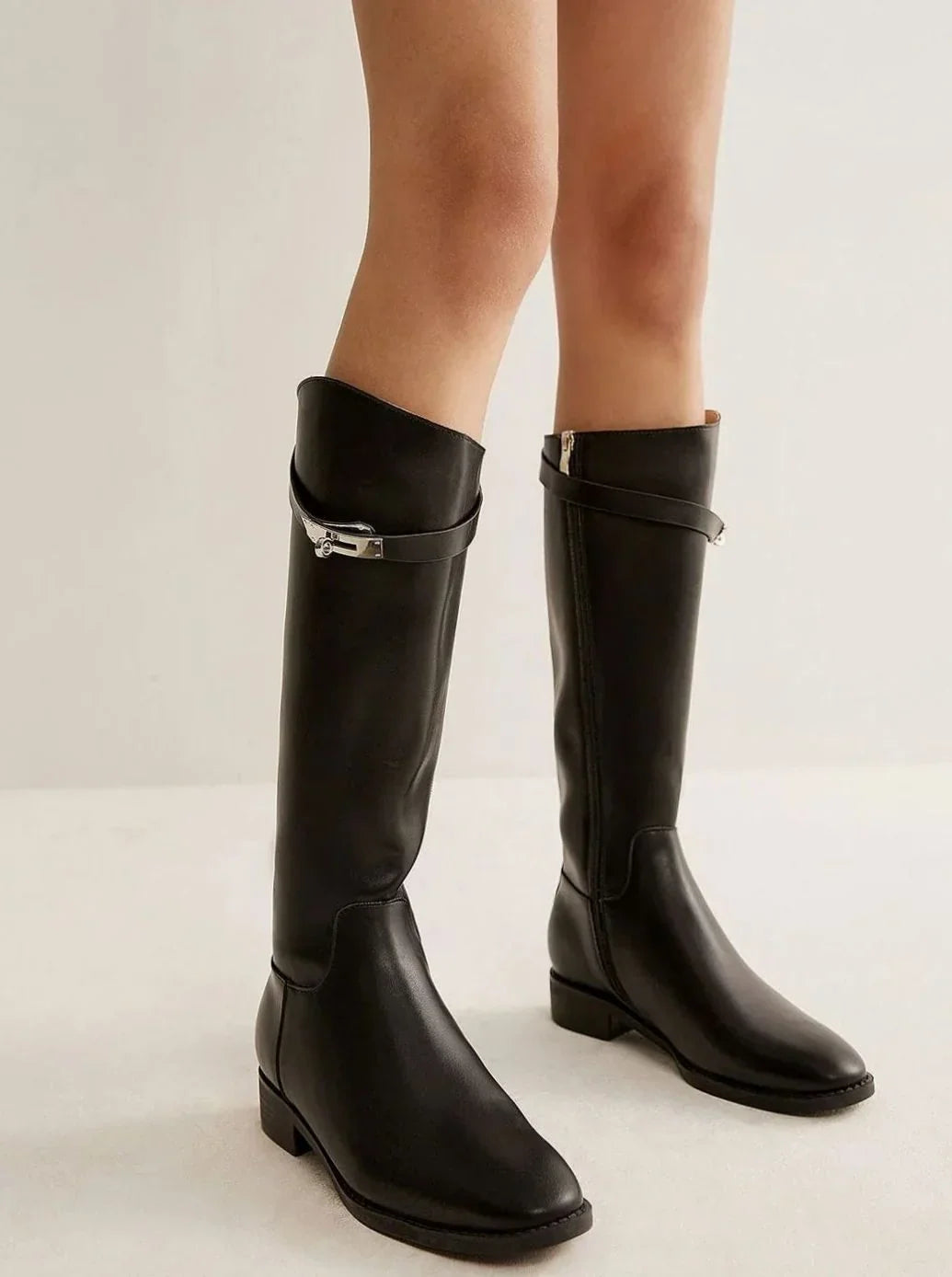 Black Knee High Boots for Women – Flat Pointed Toe Tall Boots with Buckle Strap and Side Zip, Fall Riding Boots