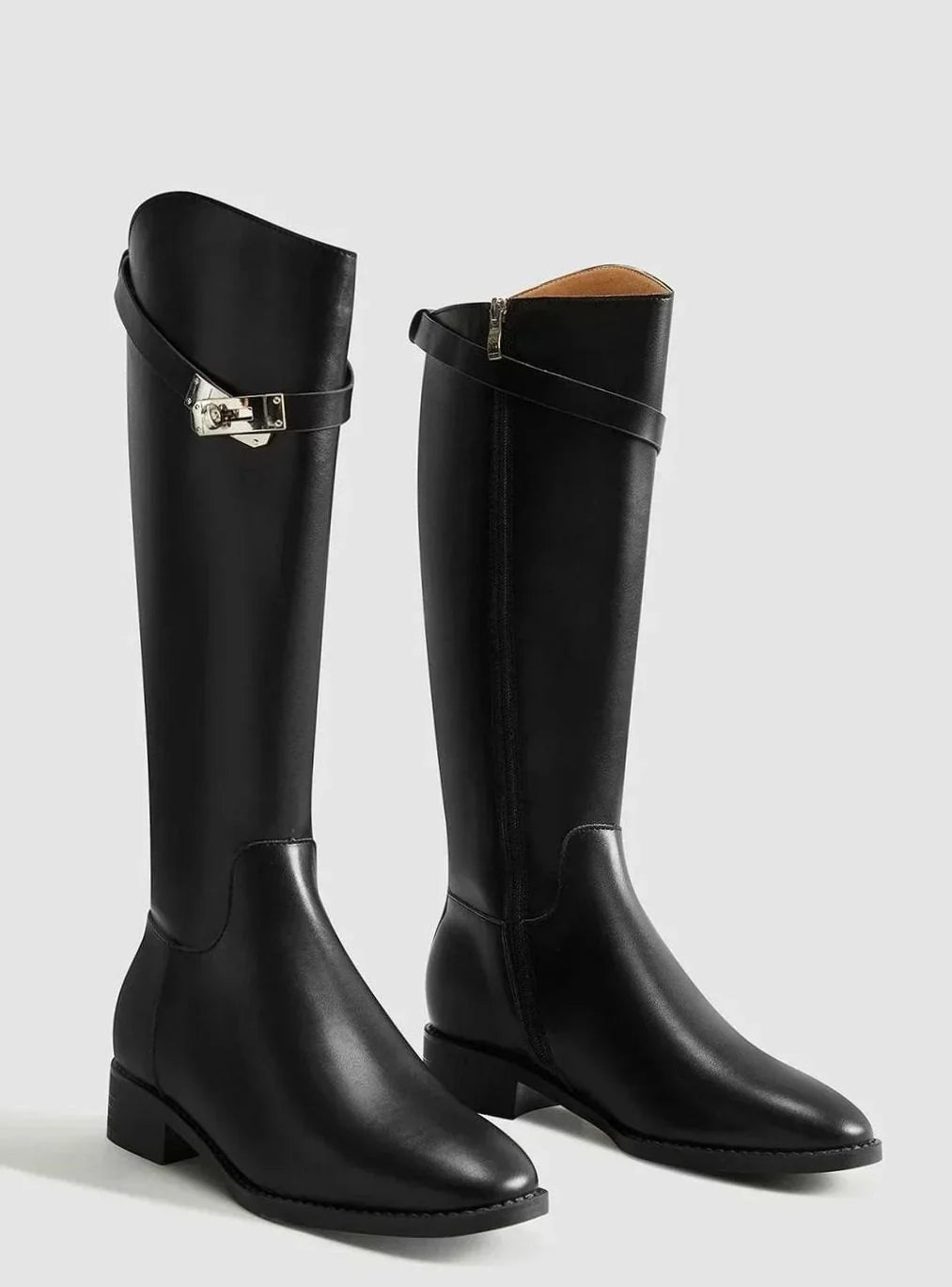 Black Knee High Boots for Women – Flat Pointed Toe Tall Boots with Buckle Strap and Side Zip, Fall Riding Boots