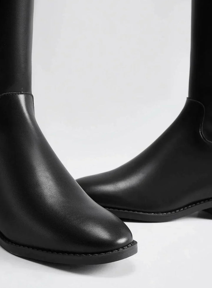 Black Knee High Boots for Women – Flat Pointed Toe Tall Boots with Buckle Strap and Side Zip, Fall Riding Boots