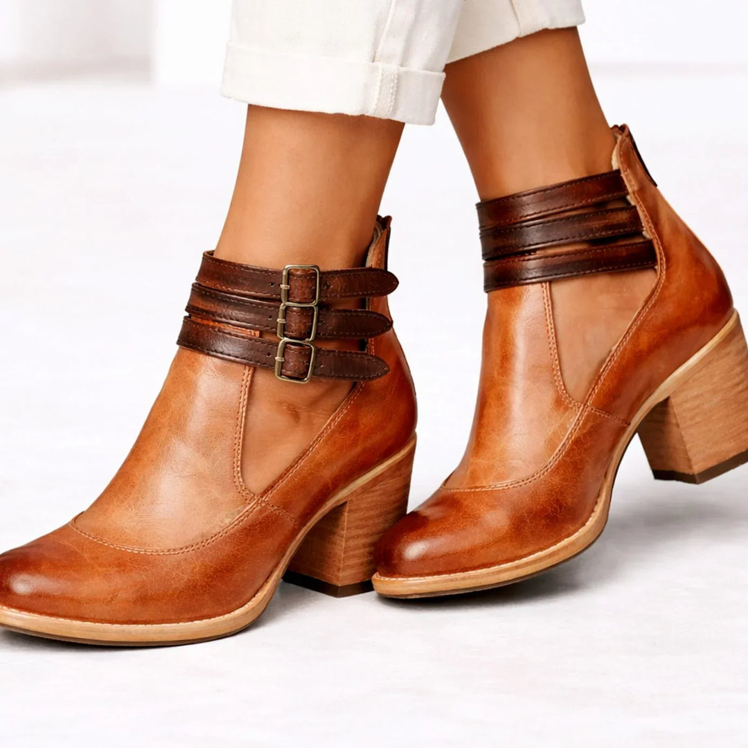 Ankle Boots for Women – Block Heel Booties with Triple Buckle Straps, Round Toe Fall Boots in Brown, Black, Red and White