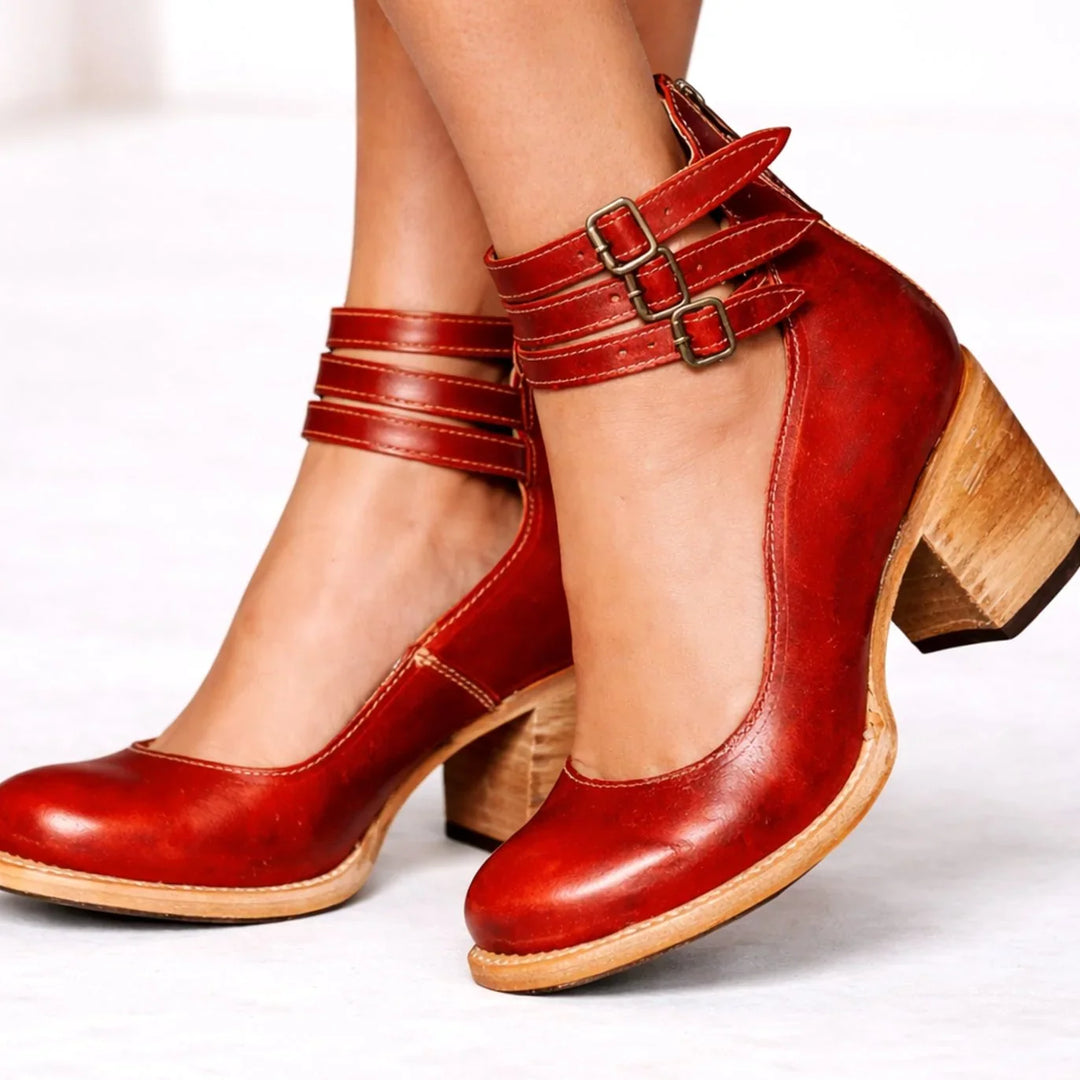 Ankle Boots for Women – Block Heel Booties with Triple Buckle Straps, Round Toe Fall Boots in Brown, Black, Red and White