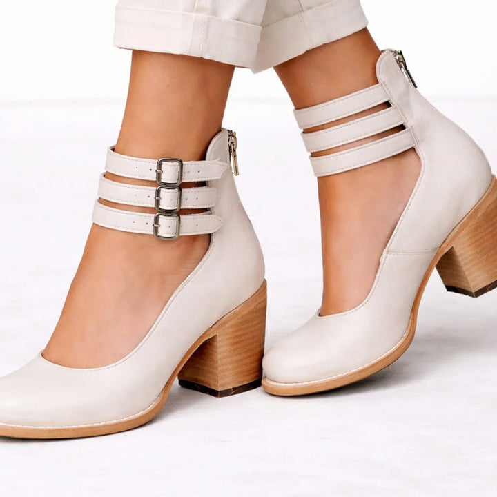 Ankle Boots for Women – Block Heel Booties with Triple Buckle Straps, Round Toe Fall Boots in Brown, Black, Red and White