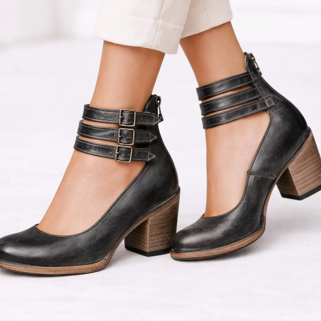 Ankle Boots for Women – Block Heel Booties with Triple Buckle Straps, Round Toe Fall Boots in Brown, Black, Red and White