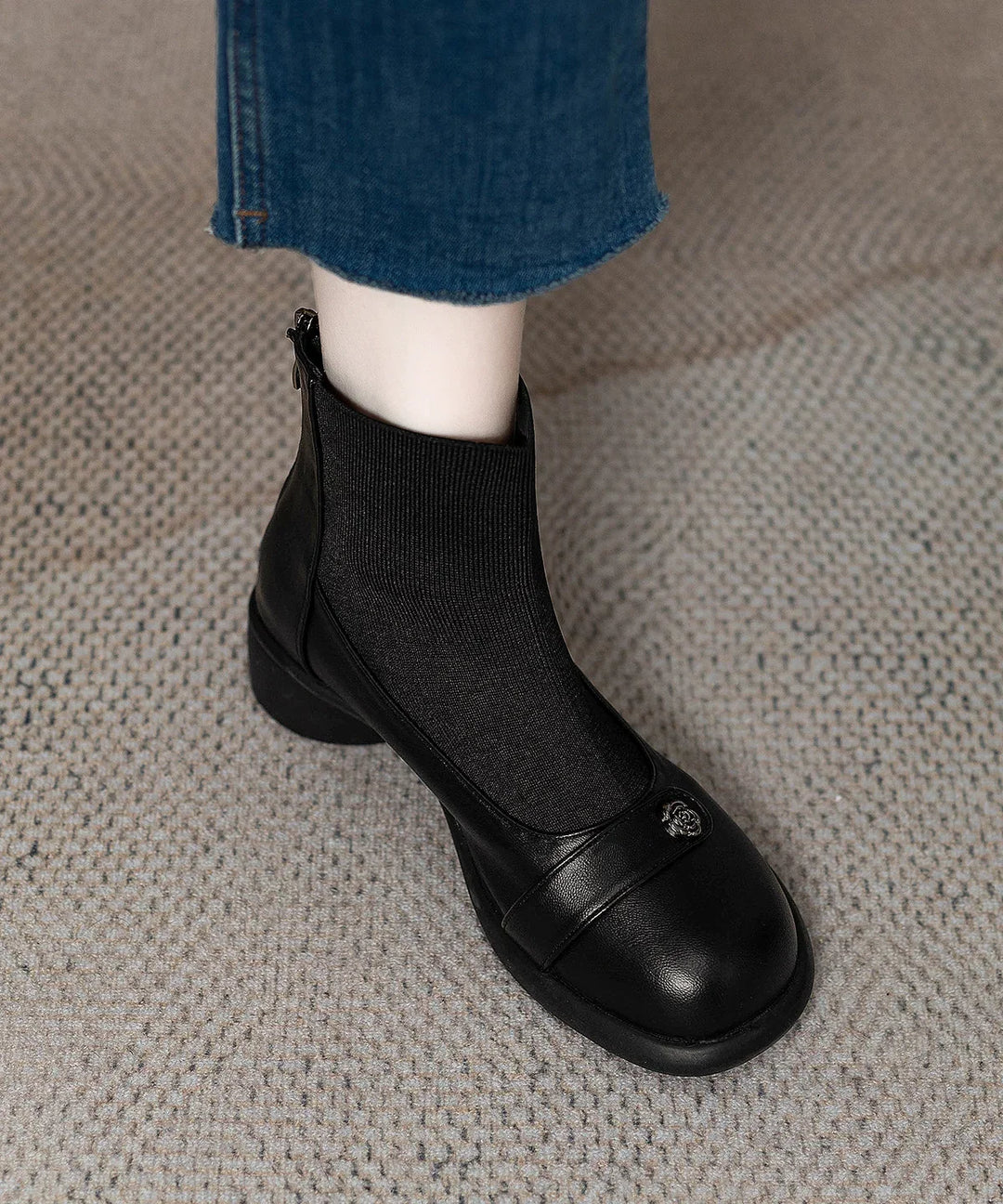 Sock Ankle Boots for Women – Black Heeled Booties with Back Zip, Optional Warm Fleece Lining, Fall and Winter Boots