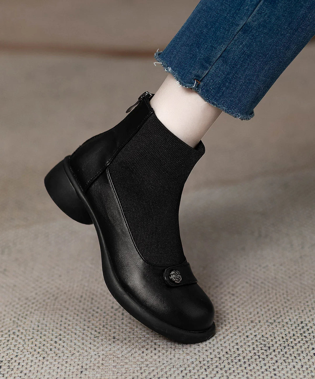 Sock Ankle Boots for Women – Black Heeled Booties with Back Zip, Optional Warm Fleece Lining, Fall and Winter Boots
