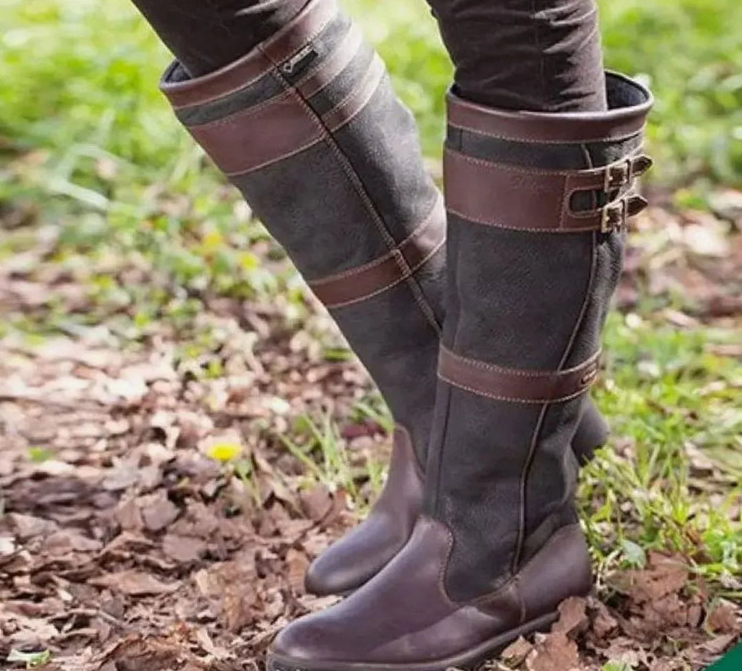 Waterproof Knee High Boots for Women – Double Buckle Pull On Rain and Winter Boots, Round Toe Tall Boots