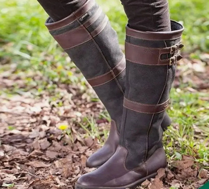 Waterproof Knee High Boots for Women – Double Buckle Pull On Rain and Winter Boots, Round Toe Tall Boots