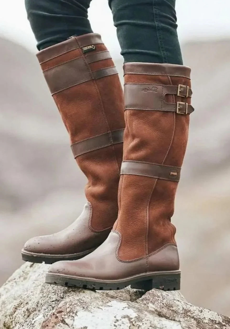 Waterproof Knee High Boots for Women – Double Buckle Pull On Rain and Winter Boots, Round Toe Tall Boots